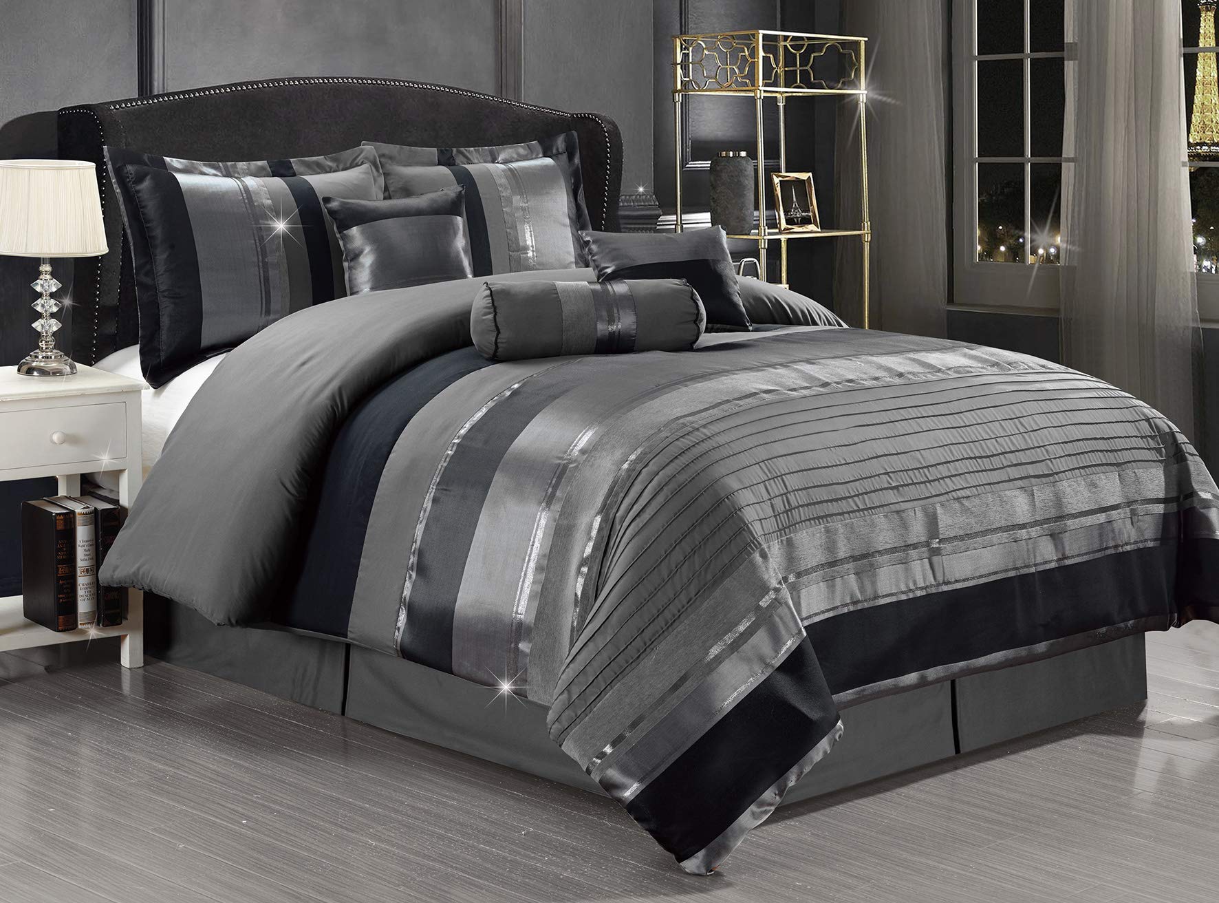 7-Piece Queen Size Chenille/Woven Jacquard Bedding Grey/Gray Silver Stripe 94'X92' Comforter Set Bed In A Bag